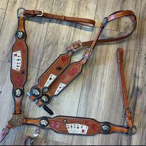 Ensemble de luxe de têtière et de collier de poitrine en cuir occidental, entièrement travaillé à la main, pour équipement complet de cheval - Product Image 3