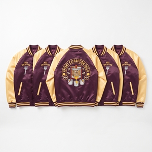 Wholesale B2B Supplier Grey Cream Satin Varsity Jacket Snap Button Custom Embroidered Riven Timber Collective Baseball <b>Coat</b> - Product Image 2