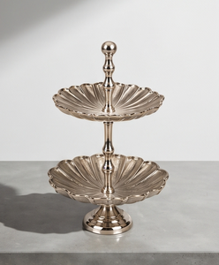 Modern Silver Metal 2 <b>Tier</b> <b>Cake</b> <b>Stand</b> Luxury Scalloped Edge Dessert Display Tray Pedestal Ball Finial Cupcake Holder Party - Product Image 4