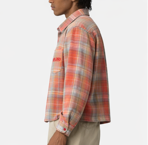 Chemise en flanelle à carreaux courte pour homme, style vintage délavé, manches longues, en coton tissé, décontractée - Product Image 4