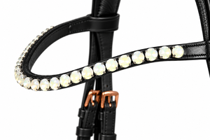 High Quality <b>Black</b> Leather Horse Bridle with Pearl Studded Browband Padded Headstall Adjustable Straps <b>Rose</b> Gold Buckles - Product Image 2