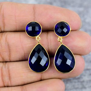 <b>Blue</b> Sapphire Gemstone 925 Sterling Silver Gold Plated Handmade Bezel <b>Stud</b> <b>Earrings</b> for Women Anniversary Gift Wedding Party - Product Image 2