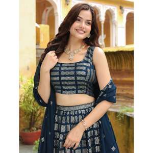 Outstanding Zeel Clothing Teal Blue Embroidered Georgette Semi-Stitched <b>Wedding</b> Lehenga Choli - Product Image 6