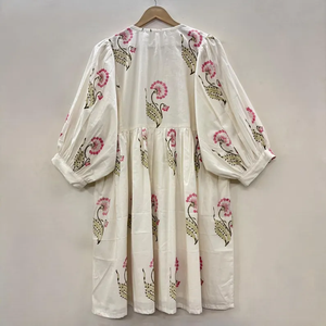 Vestido Casual Midi de Algodón Tejido con Estampado Floral para Mujer, Mangas Abullonadas, Cintura Imperio, Estilo Babydoll, Cuello en V, Corte Holgado - Product Image 5