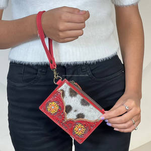 Hot Selling Tooled Genuine Cowhide Leather Zipper Mini <b>Wallet</b> Floral Carving Coin & ATM <b>Card</b> Holder Wristlet Clutches For <b>Women</b> - Product Image 3