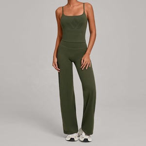Women's Olive Green 2 Piece Seamless Yoga Set Square Neck Spaghetti Strap Crop Top High Waist <b>Flared</b> <b>Leggings</b> Activewear - Product Image 1