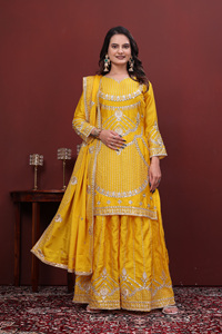 Premium chinon silk suit set with sequence embroidery work <b>top</b> palazzo and dupatta designer festive wear ethnic party outfit - Product Image 1