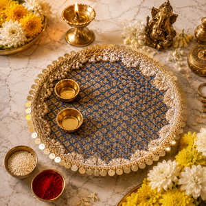 Plato de Puja Decorativo de Acero Recubierto de Brocado de Diseño para el Festival Raksha Bandhan, Regalo para el Festival Aarti Thali - Product Image 3