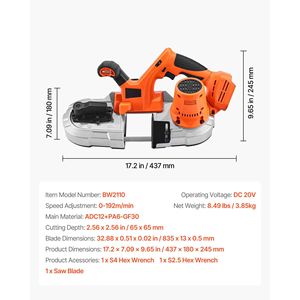 Sega a Nastro Portatile Compatta 20V 360W con Motore Brushless, Taglio Profondo 2,56 Pollici, Senza Fili, con Ganci per Appendere 0-192 - Product Image 5