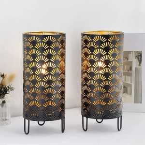 Portavelas cilíndrico de filigrana de hierro para velas de té, estilo farol, con patrón de sombra negro y dorado, soporte de mesa - Product Image 6