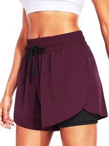 Shorts en tricot couleur prune pour femme, taille haute, cordon de serrage, style sportif, séchage rapide, coupe régulière, motif uni - Product Image 3