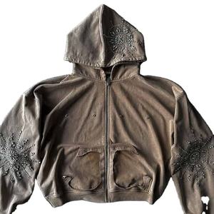 Sudadera con capucha con cremallera completa y diamantes de imitación desgastados de peso pesado de gran tamaño con hombros caídos 100% algodón personalizada - Product Image 1