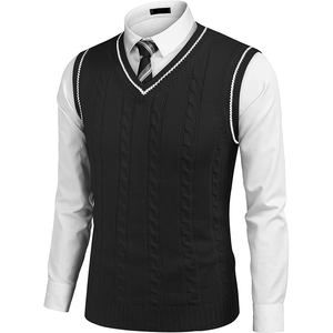 Men's <b>Black</b> V Neck Knitted <b>Sleeveless</b> Vest Acrylic Solid Color Anti Pilling Autumn Wear - Product Image 1