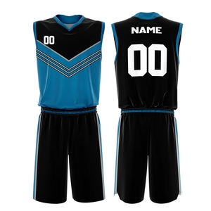 Ensemble de maillots de basket-ball unisexe sans manches, col en V, bleu noir, évacuation de l'humidité, impression sublimée, coupe régulière pour adulte - Product Image 3