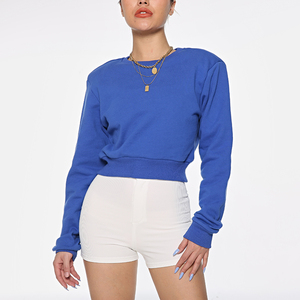 Sweat-shirt tricoté à manches longues et col rond bleu pour femme, haut décontracté en coton de couleur unie, coupe courte, idéal pour le printemps - Product Image 4