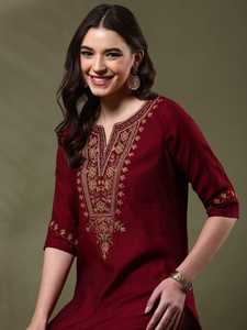 Women Rayon Kurta Midi Length Traditional Embroidered Red Kurti Casual Wear India Pakistan Style Regular Fit Festival Kurtis - Product Image 2