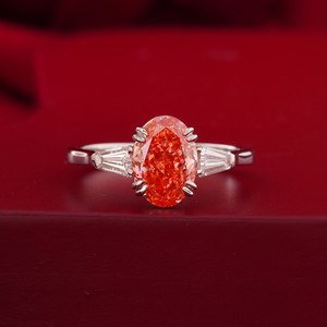 Prong <b>Set</b> Red Oval Lab Grown Diamond <b>Ring</b> in 14K Yellow Gold-Rare VVS2 VS1 Color Statement Cocktail Jewelry - Product Image 1