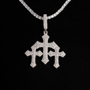 Silver Moissanite Triple Faithful <b>Cross</b> Pendant White Tone Iced Out Religious <b>Charm</b> Hip Hop Statement Jewelry Pendant Only - Product Image 1
