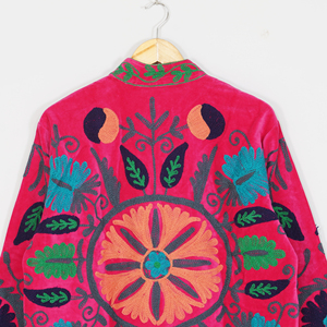 Women Velvet Embroidered <b>Jacket</b> Mandarin Collar Lantern Sleeve Floral Boho Style Autumn Coat Handmade Suzani <b>Pattern</b> - Product Image 4