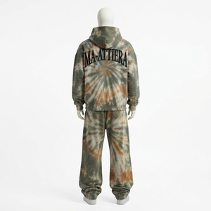 ชุดเซ็ตฮู้ดดี้ซิปผูกเชือกแบบ Tie Dye สำหรับผู้ชาย กางเกงขายาวทรงกว้าง แต่งแถบแขนเสื้อตัดสี พร้อมดีเทลกระดุม ชุดสตรีทแวร์แทรคสูท รับผลิตแบบ OEM ODM - Product Image 2