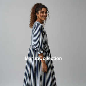 Wholesale Women Striped Cotton Dress | Bohemian Loose Fit Midi Dress with <b>Balloon</b> Sleeves | Summer Casual Wear OEM Supplier - Product Image 1