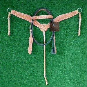 ASHMIRA EQUESTRIAN Western Tan Leather Horse Headstall Breast Collar Set <b>Pink</b> Inlay Floral Tooling Tack Gear - Product Image 1