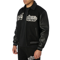 Blouson bomber noir pour homme Avirex, manches en cuir véritable, logo brodé, fermeture éclair coupe-vent, col rabattable, toile