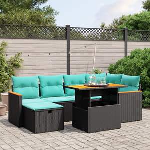 Juego de sofás de patio de ratán sintético negro de 7 piezas con cojines, elegantes muebles de exterior - Product Image 1