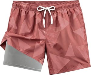 Shorts de bain décontractés pour hommes, bleu marine, couleur unie, séchage rapide, taille à cordon de serrage, avec doublure intérieure rose, confortables - Product Image 2