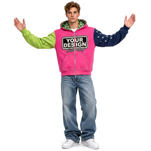 Sudadera con capucha y cremallera para hombre, estilo urbano desgastado, con bloques de color, bordado personalizado, algodón grueso, ropa de moda casual urbana - Product Image 2