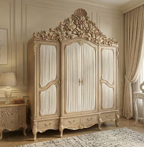 Elegant beige three door wooden wardrobe featuring a grand carved shell crown, available at wholesale prices. - Product Image 1