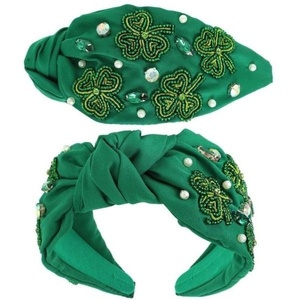Luxury Green and White Beaded Shamrock <b>Headband</b> Handmade Rhinestone Clover Knot Hairband for Women and Girls St Patrick’s Day - Product Image 2