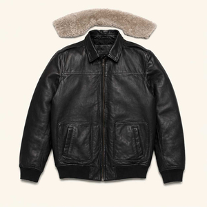 Blouson aviateur vintage en cuir véritable noir pour homme avec col en fourrure Sherpa, chaud pour l'hiver, personnalisable OEM ODM - Product Image 4