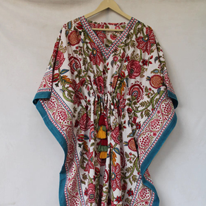 ชุดคาฟตันผ้าฝ้ายพิมพ์ลายดีไซน์แม็กซี่ทำมือ เสื้อผ้าผู้หญิง ของขวัญสำหรับเธอ เพื่อนเจ้าสาว ลายบล็อกพิมพ์ ชุดคาฟตันยาวพิมพ์ลาย - Product Image 1