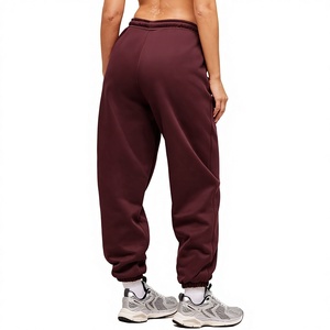 Women's Burgundy Fleece 100% Cotton Wide Leg <b>Harem</b> Pants Mid Waist Drawstring Loose Fit Ankle-Length Solid Color Casual - Product Image 2