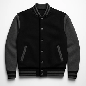 <b>Men's</b> Black Varsity <b>Jacket</b> Solid Color Button Closure Regular Fit Autumn Wear Casual Style Turn-down Collar Polyester Cotton - Product Image 1