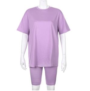 Women's Lavender 2-Piece Shorts <b>Set</b> Crew Neck Short Sleeve Regular Fit Casual Summer Knitted Polyester Breathable Puff Printed - Product Image 1