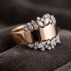 Anillo de compromiso y aniversario de lujo para mujer, de oro amarillo, con diamante de laboratorio de talla marquesa de 10K, certificado, banda ancha tipo cigarro flotante - Product Image 1
