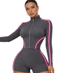 Women's 2 Piece Sporty <b>Crop</b> <b>Top</b> <b>Shorts</b> Set With Zipper Stand Collar <b>Short</b> Sleeve Solid Color Knitted Spandex Nylon Spring Summer - Product Image 6