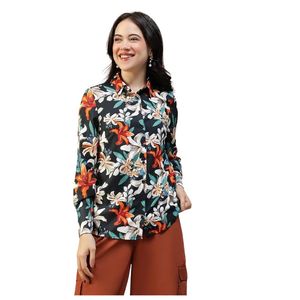 Camisa de Manga Larga con Botones y Estampado Floral para Mujer, Corte Regular, Popelina, Informal, para Primavera y Verano - Product Image 1