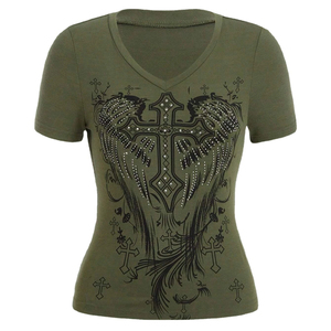 Camisetas de Verano para Mujer, Manga Corta, Multicolor, Estampado de Diamantes de Imitación, Transpirables, Casuales, 100% Algodón - Product Image 6