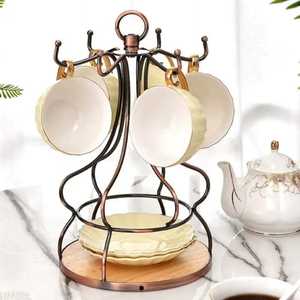 metal Coffee Cup <b>Set</b> with Gold Floral Pattern Black Metal Stand Wooden Base Matching Saucers Elegant Tableware - Product Image 6