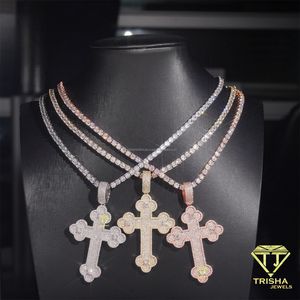 Oversized Cross Pendant With Round Moissanite Diamonds 925 Sterling Silver Iced Out Hip Hop Rapper Style Necklace - Product Image 1