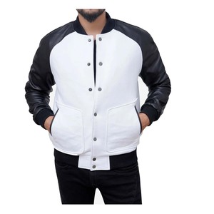 Chaqueta Varsity Blanca para Hombre, Mangas de Algodón Negro, Corte Regular, Estilo Casual, Cuello Alto, Reversible, Impermeable, para Invierno - Product Image 4