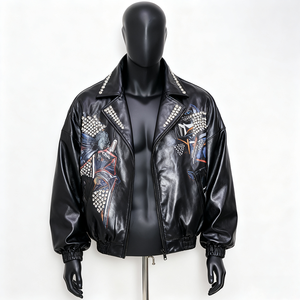 Men'sLeather Bomber <b>Jacket</b> Turn-down Collar Zipper Closure Embossed <b>Star</b> Gear Pattern Casual Style Regular Length - Product Image 2