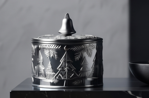 Pot à bonbons de Noël moderne en aluminium moulé, argenté, avec motif d'arbre en relief et poignée cloche, pour la table - Product Image 3