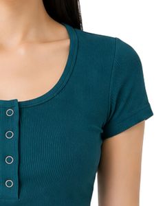 เสื้อครอปแขนสั้นทรงเข้ารูปสำหรับผู้หญิง สีเขียวอมฟ้า ผ้าริบเนื้อนุ่ม ผสมคอตตอนและสแปนเด็กซ์ ยืดหยุ่นได้ สวมใส่สบาย เหมาะสำหรับฤดูร้อน มีกระดุม ดีไซน์ทันสมัย - Product Image 4