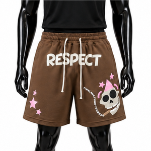 Shorts de survêtement pour homme en coton épais marron, coupe ample, style streetwear, avec impression graphique et impression en relief, en molleton, pour la gym, vente en gros - Product Image 1