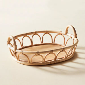 Rustic Modern Arched <b>Railing</b> Oval Rattan Tray <b>Hand</b>-Woven Storage Platter With Flat Wood Bottom For Living Room Setup - Product Image 2