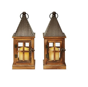 Farol de Madera Rústico Vintage con Ventanas de Vidrio y Asa de Cuerda, Decoración de Mesa Estilo Granja - Product Image 1